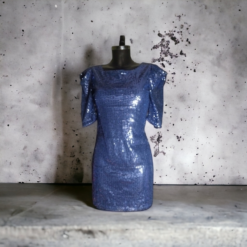 URBAN Behaviour Blue Sequined Ruched Puffed Sleeve Mini Party Dress